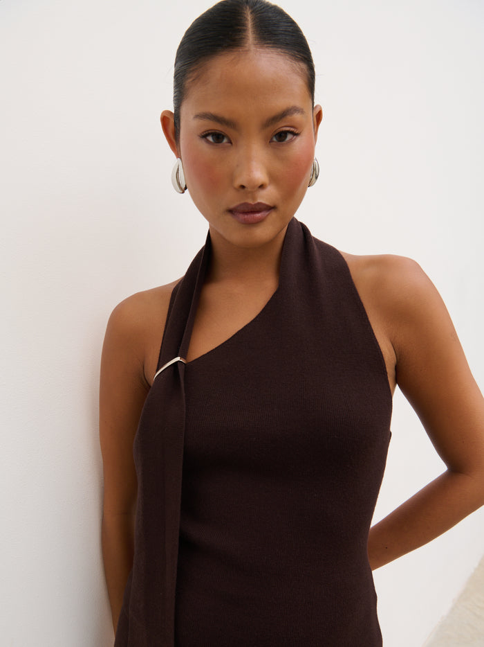 Elle Is 5'3" & Wears Size UK XS|Polly Halterneck Wrap Scarf Knit Top - Chocolate