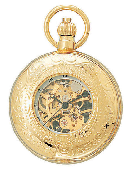 Premium Gold Viewing Window Quartz Pocket Watch with Chain