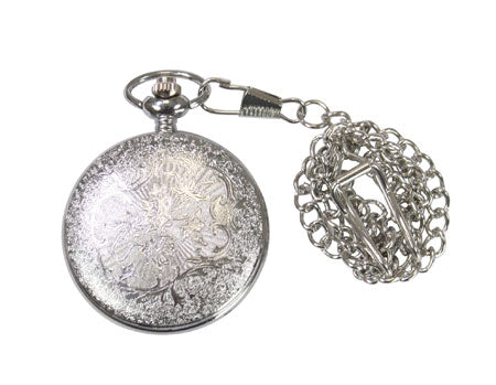 Silver Plated Lacy Design Quartz Pocket Watch with Chain