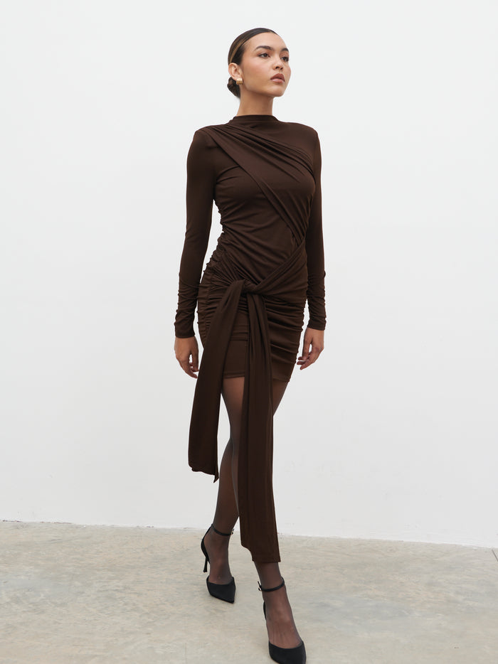 Lana is 5.9.5" & Wears Size UK 8|Raya Drape Jersey Mini Dress - Brown