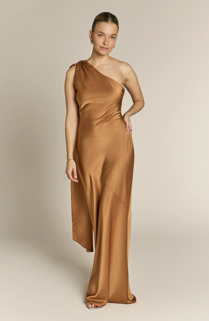 Raye One Shoulder Dress in Caramel