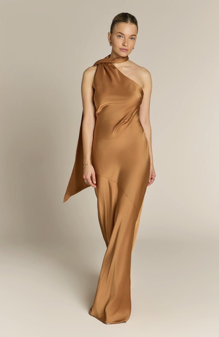Raye One Shoulder Dress in Caramel