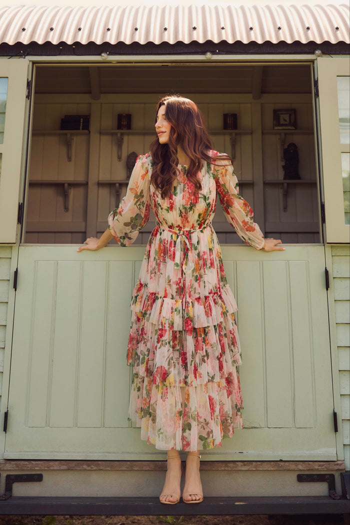 Modest long sleeve cream floral print tiered midi tulle dress