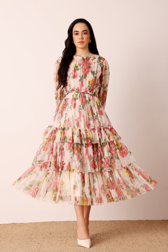 Rebecca Midi Dress in Cream Floral