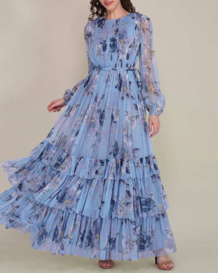 Rebecca Tulle Maxi Dress in Blue Magnolia Print