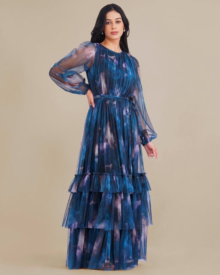 Rebecca Tulle Maxi Dress in Naval Flow Print
