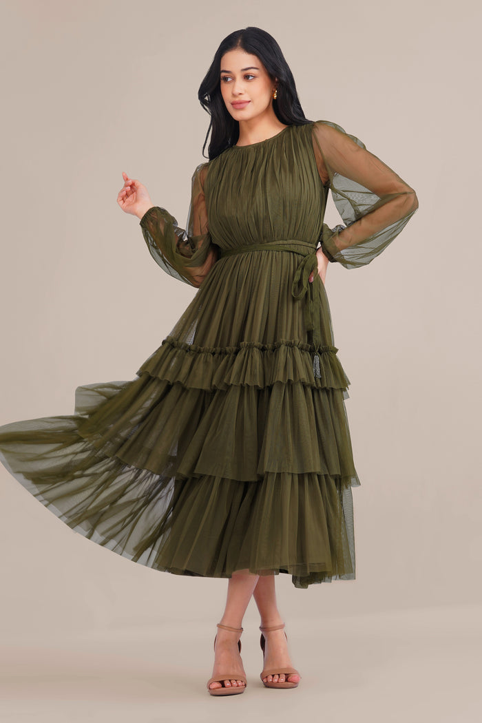Rebecca Tulle Midi Dress in Burnt Olive