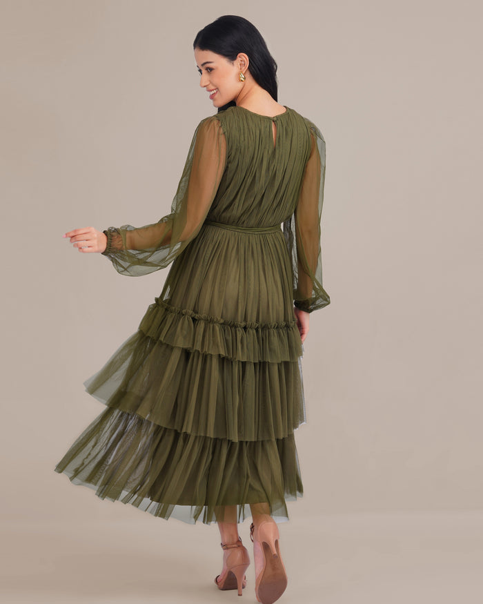Rebecca Tulle Midi Dress in Burnt Olive