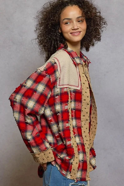 Red Patchwork Plaid Distressed Shirt - Born To Glam