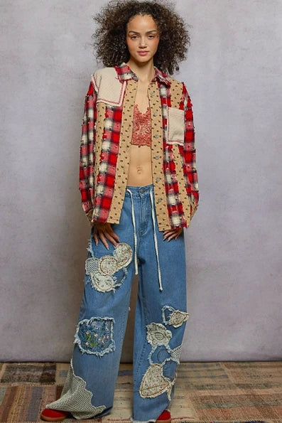 Red Patchwork Plaid Distressed Shirt - Born To Glam
