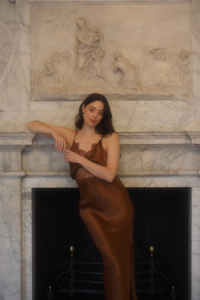 Remi Lace Panel Satin Dress in Chocolate Brown