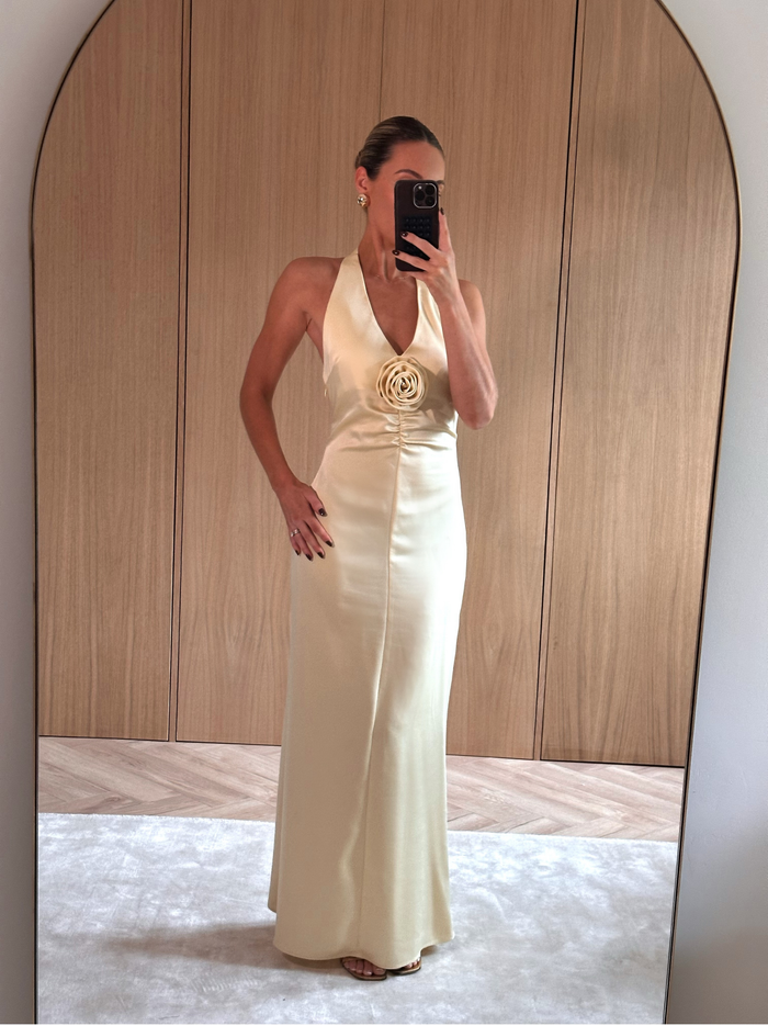 Celeste is 5'7.5" & Wears Size UK 8|Reya Satin Corsage Maxi Dress - Lemon