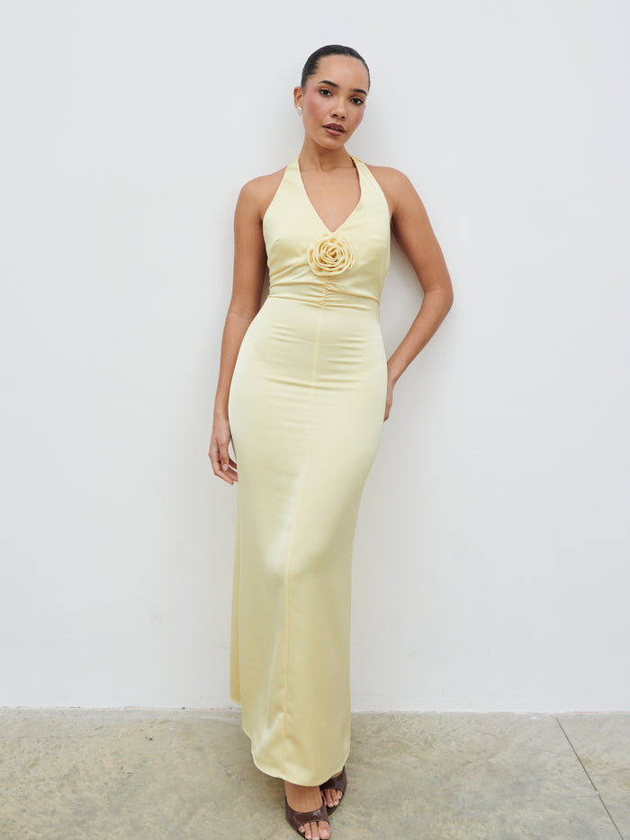 Celeste is 5'7.5" & Wears Size UK 8|Reya Satin Corsage Maxi Dress - Lemon