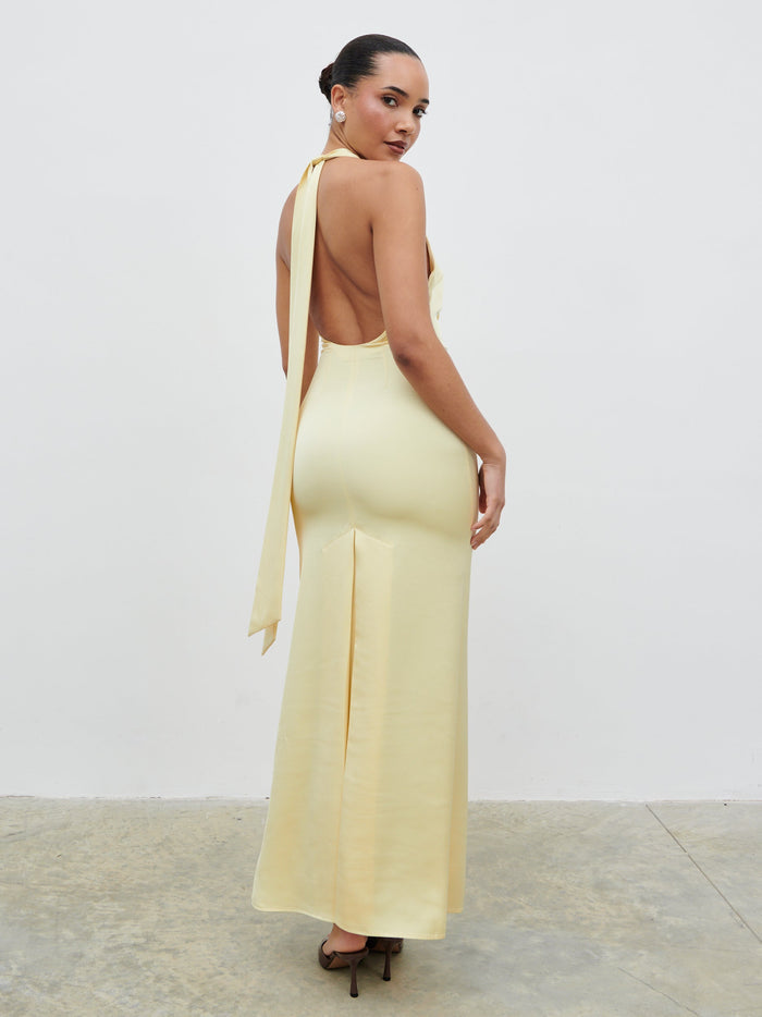 Celeste is 5'7.5" & Wears Size UK 8|Reya Satin Corsage Maxi Dress - Lemon