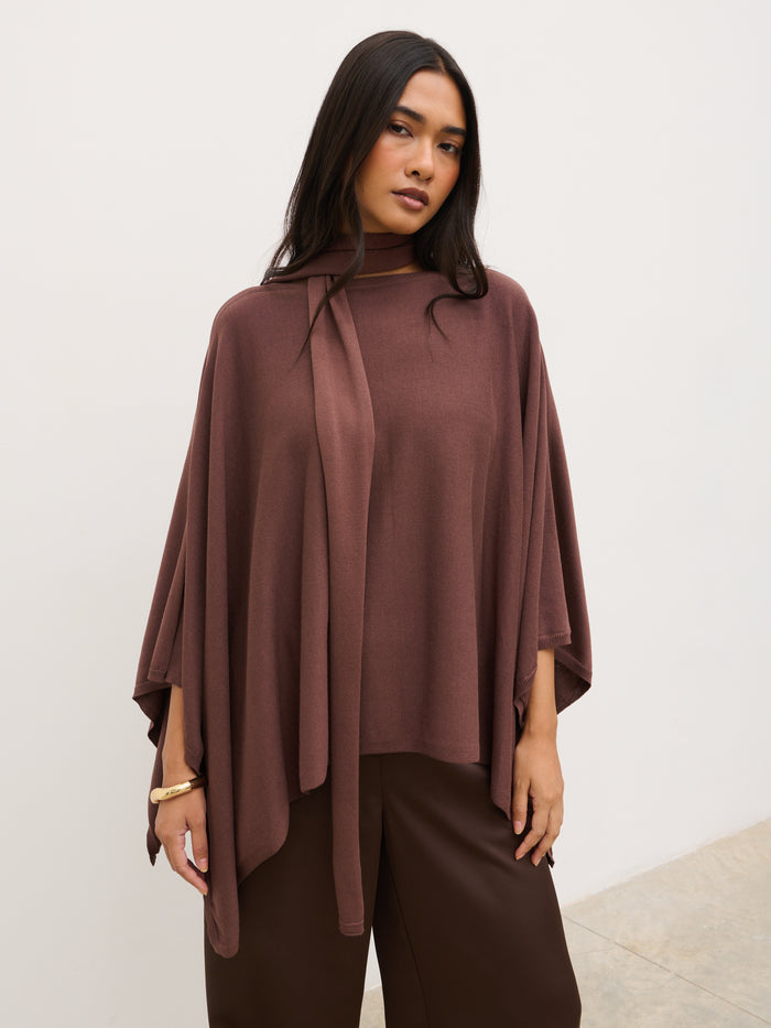 Candy Is 5'6" & Wears Size UK S|River Knit Poncho with Scarf Detail - Chocolate Brown