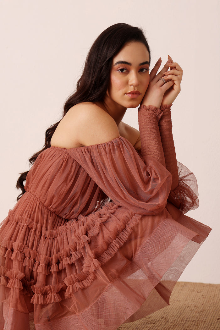 River Tulle Mini Dress in Merlot
