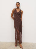 Montanna is 5'7" & Wears Size UK 6|Robin Slip Lace Maxi Dress - Chocolate Brown