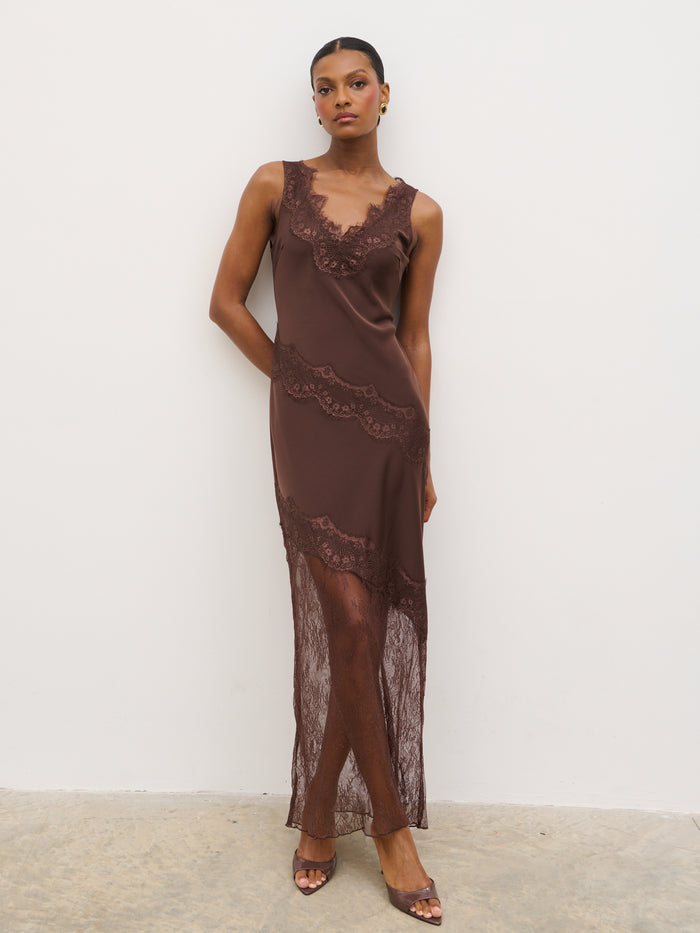 Montanna is 5'7" & Wears Size UK 6|Robin Slip Lace Maxi Dress - Chocolate Brown