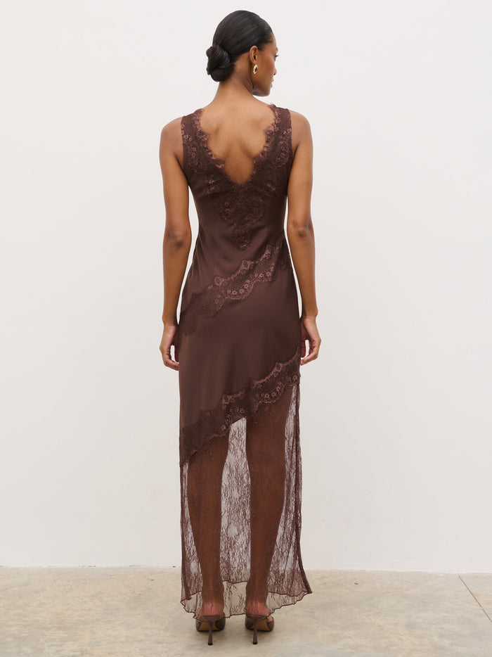 Montanna is 5'7" & Wears Size UK 6|Robin Slip Lace Maxi Dress - Chocolate Brown