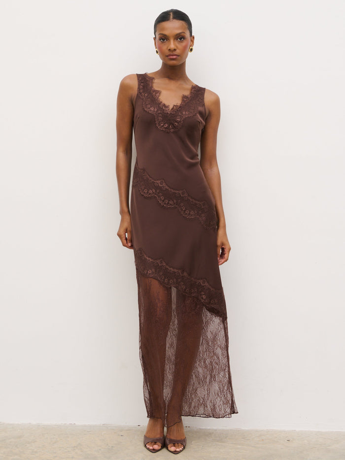 Montanna is 5'7" & Wears Size UK 6|Robin Slip Lace Maxi Dress - Chocolate Brown