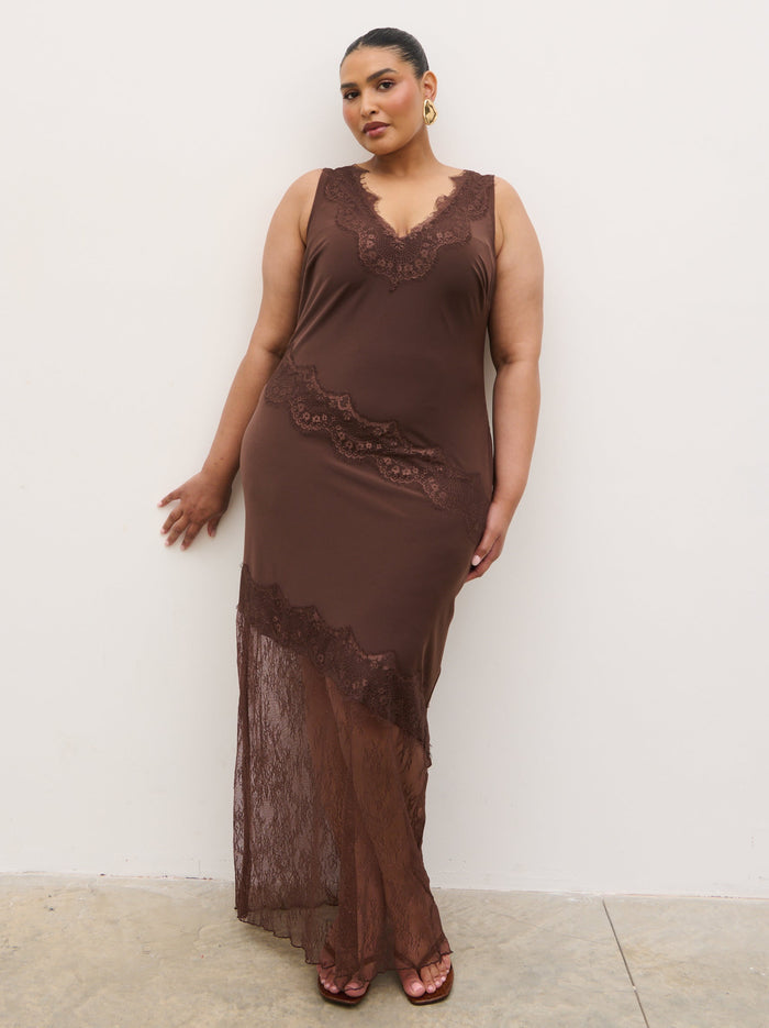 Souki Is 5'8" & Wears Size UK 18|Robin Slip Lace Maxi Dress Curve - Chocolate Brown