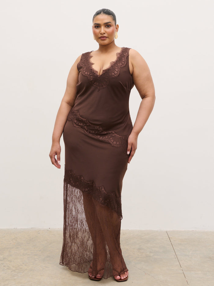 Souki Is 5'8" & Wears Size UK 18|Robin Slip Lace Maxi Dress Curve - Chocolate Brown
