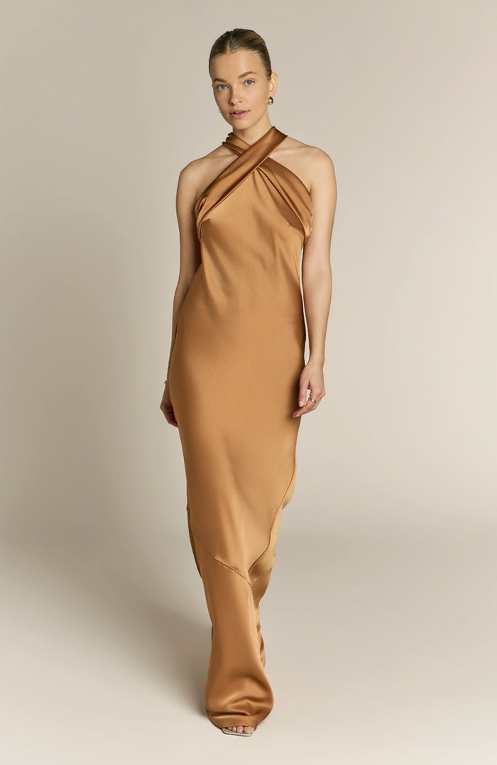 Long bridesmaid dress in copper satin with halterneck