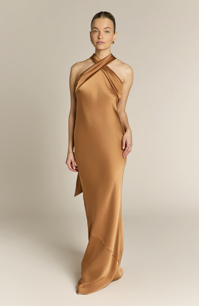 Halterneck copper coloured bridesmaid dress