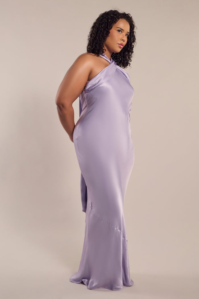 Roma lilac satin bridesmaid dress halterneck floor length plus size