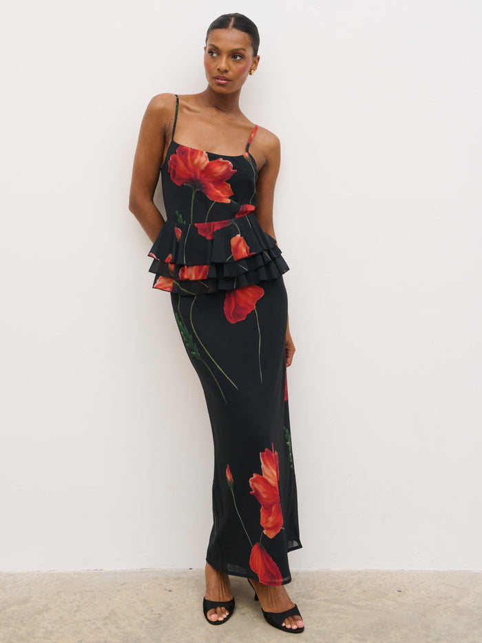Montanna is 5'7" & Wears Size UK 6|Rosie Peplum Ruffle Maxi Dress - Largescale Poppy Petal Red