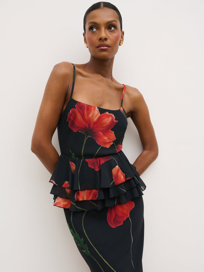 Montanna is 5'7" & Wears Size UK 6|Rosie Peplum Ruffle Maxi Dress - Largescale Poppy Petal Red