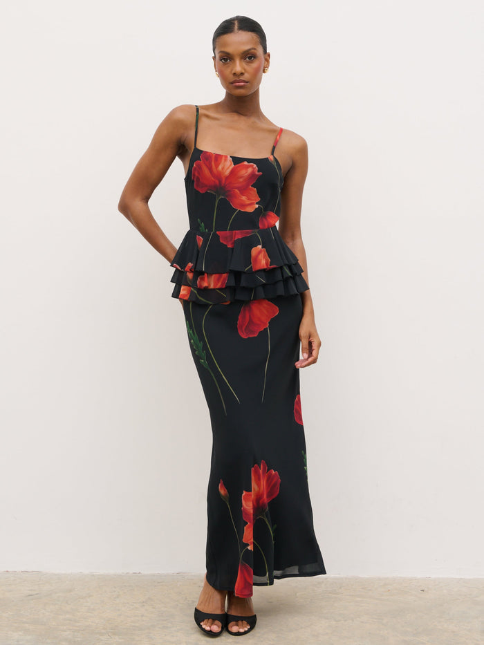 Montanna is 5'7" & Wears Size UK 6|Rosie Peplum Ruffle Maxi Dress - Largescale Poppy Petal Red