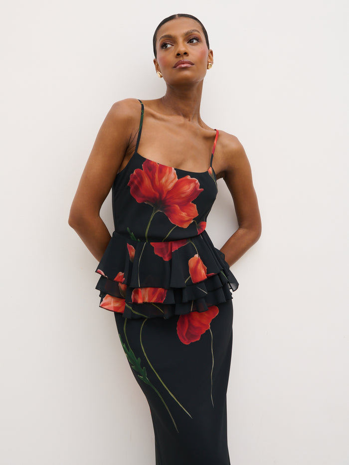Montanna is 5'7" & Wears Size UK 6|Rosie Peplum Ruffle Maxi Dress - Largescale Poppy Petal Red