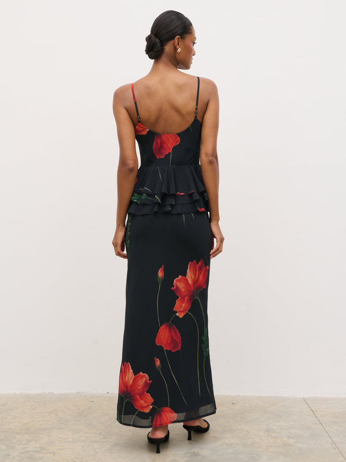 Montanna is 5'7" & Wears Size UK 6|Rosie Peplum Ruffle Maxi Dress - Largescale Poppy Petal Red