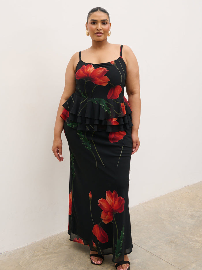Souki Is 5'8" & Wears Size UK 18|Rosie Peplum Ruffle Maxi Dress Curve - Largescale Poppy Petal Red