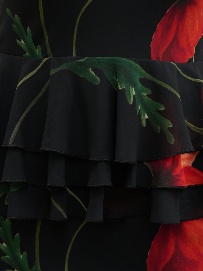 Souki Is 5'8" & Wears Size UK 18|Rosie Peplum Ruffle Maxi Dress Curve - Largescale Poppy Petal Red