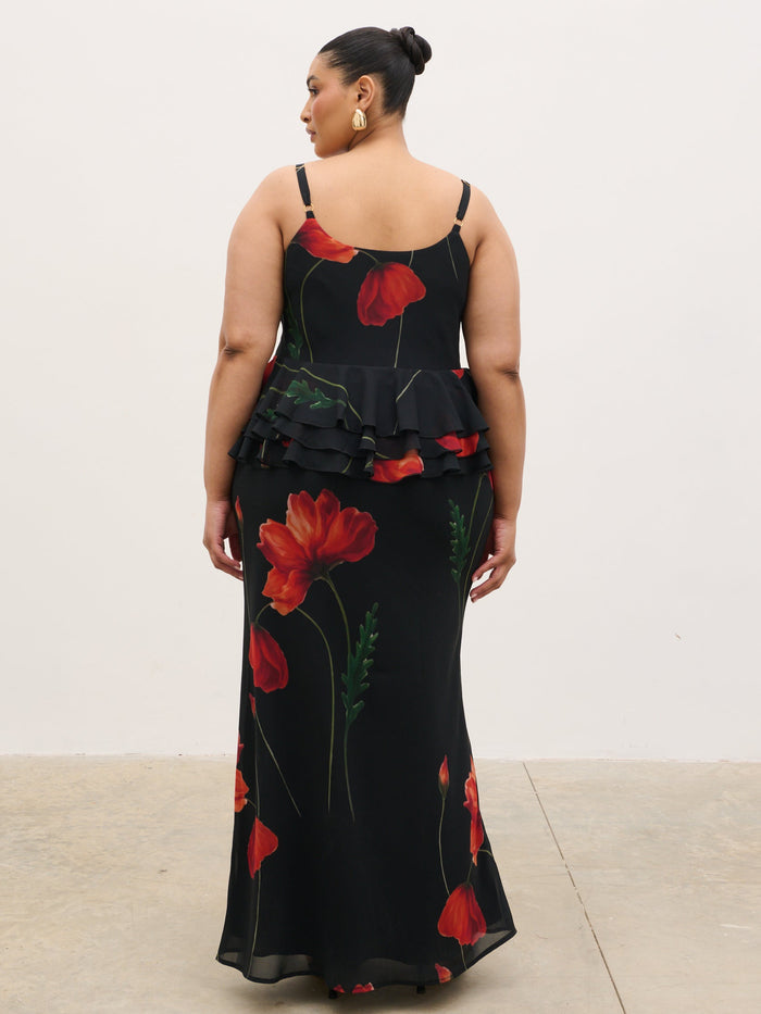 Souki Is 5'8" & Wears Size UK 18|Rosie Peplum Ruffle Maxi Dress Curve - Largescale Poppy Petal Red