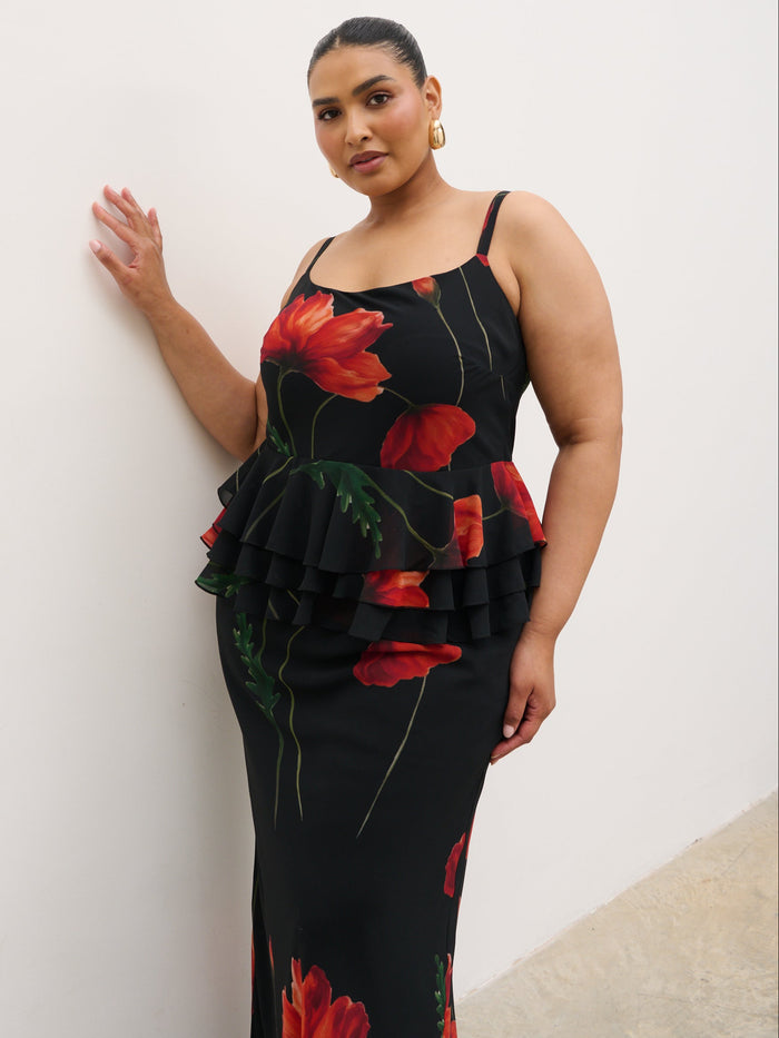 Souki Is 5'8" & Wears Size UK 18|Rosie Peplum Ruffle Maxi Dress Curve - Largescale Poppy Petal Red