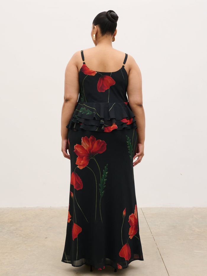 Souki Is 5'8" & Wears Size UK 18|Rosie Peplum Ruffle Maxi Dress Curve - Largescale Poppy Petal Red