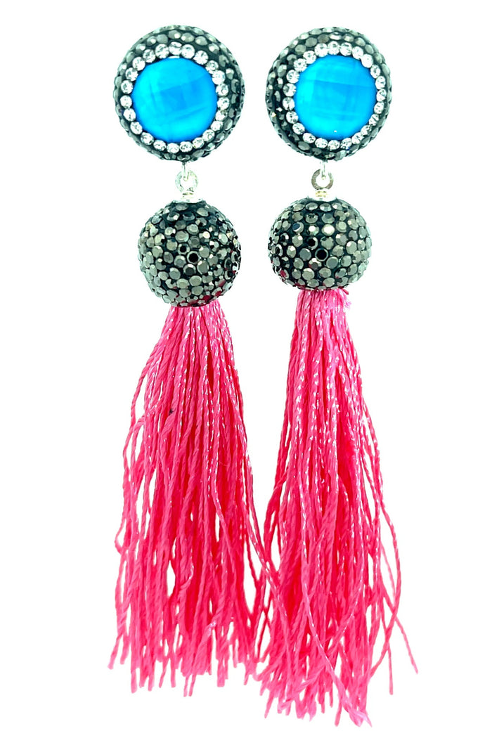 Style the Round Gemstone Long 925 Sterling Silver Tassel Earring exclusively at Born To Glam