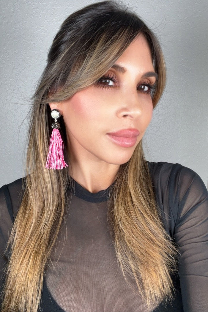 Style the Round Gemstone Long 925 Sterling Silver Tassel Earring exclusively at Born To Glam