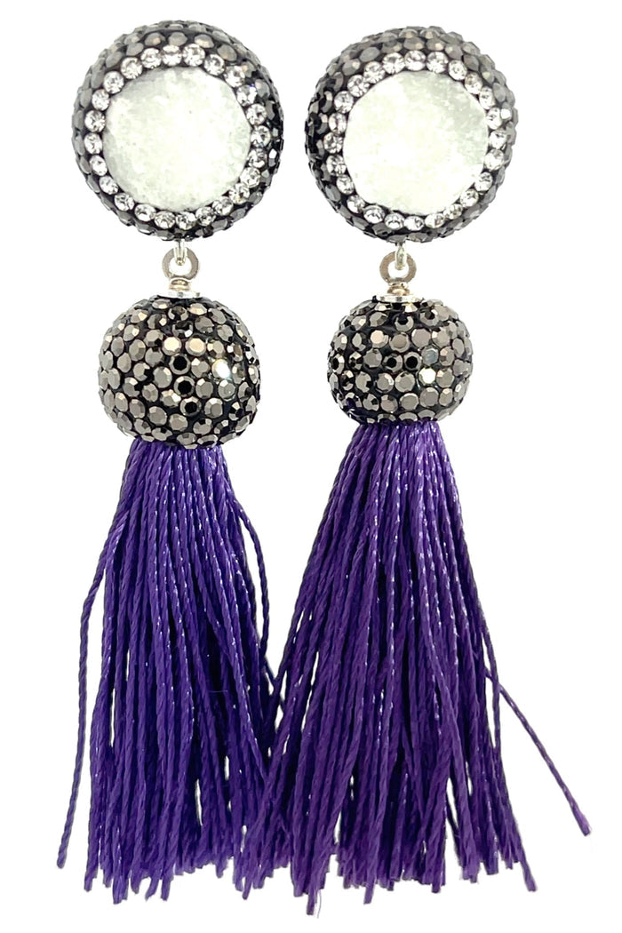 Style the Round Gemstone Short 925 Sterling Silver Tassel Earring exclusively at Born To Glam