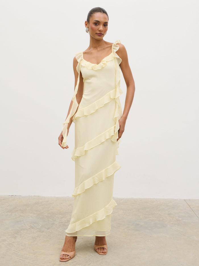 Lana is 5'9.5" & Wears Size UK 8|Rue Ruffle Maxi Dress - Lemon