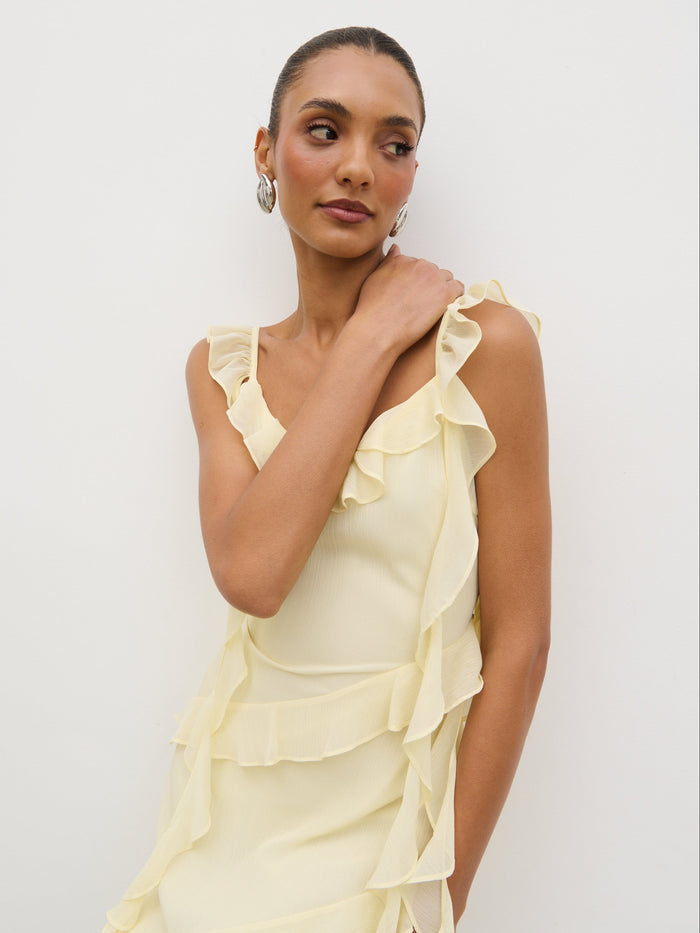Lana is 5'9.5" & Wears Size UK 8|Rue Ruffle Maxi Dress - Lemon