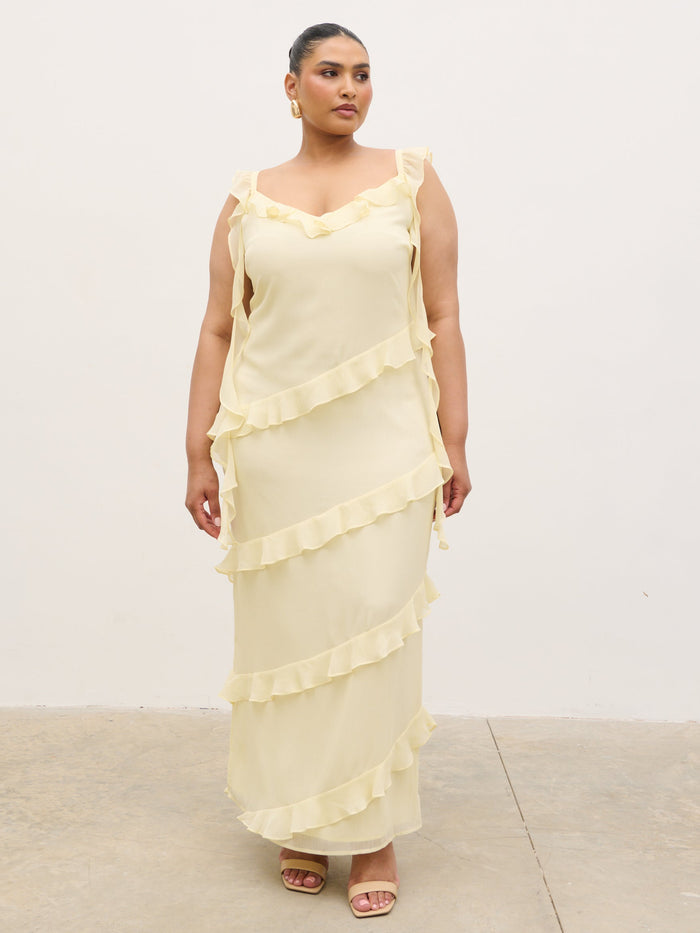 Souki Is 5'8" & Wears Size UK 18|Rue Ruffle Maxi Dress Curve - Lemon