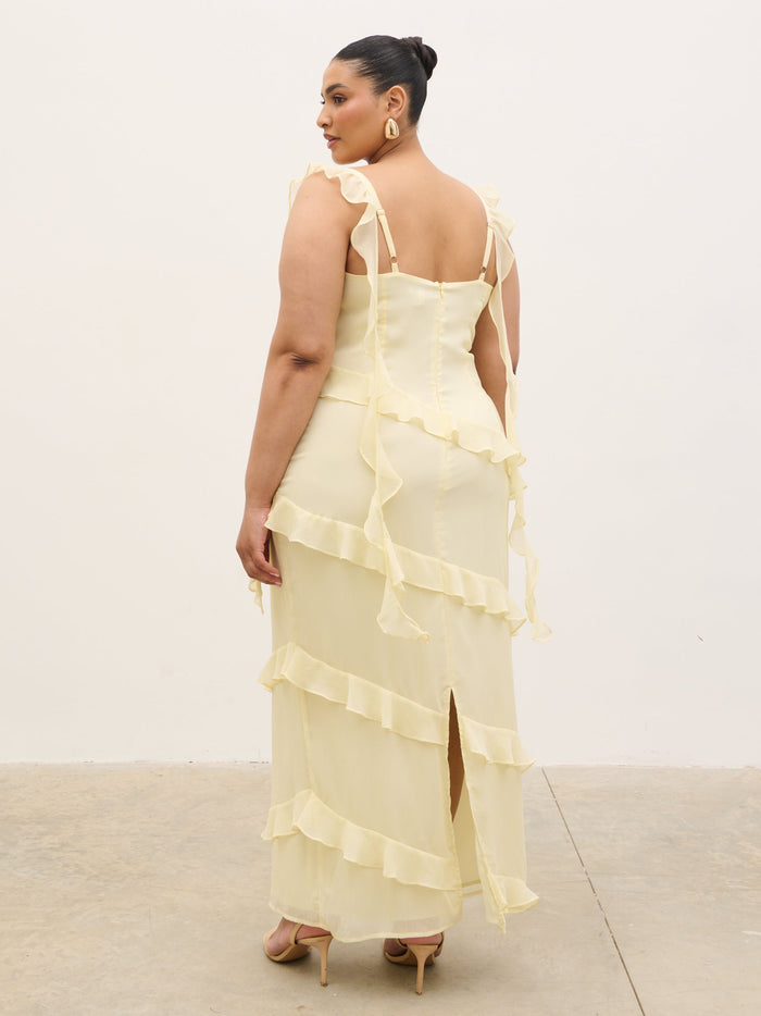 Souki Is 5'8" & Wears Size UK 18|Rue Ruffle Maxi Dress Curve - Lemon