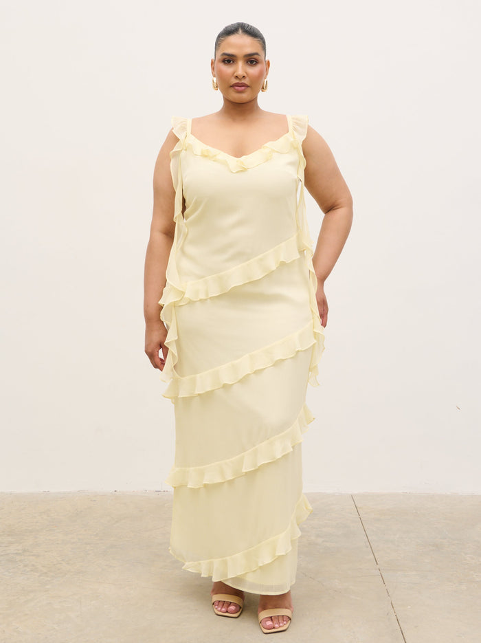 Souki Is 5'8" & Wears Size UK 18|Rue Ruffle Maxi Dress Curve - Lemon