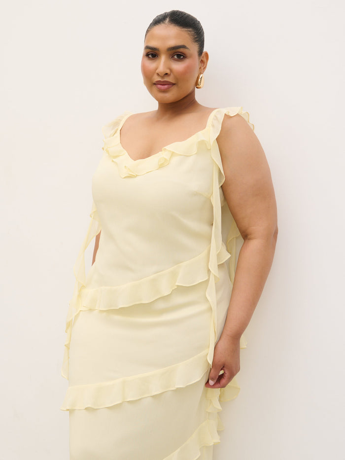 Souki Is 5'8" & Wears Size UK 18|Rue Ruffle Maxi Dress Curve - Lemon