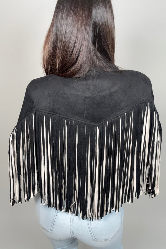 Style the Saints & Hearts Black Multi Color Fringe Open Front Jacket exclusively at Born To Glam