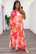 pink and coral large floral print one shoulder 3/4 sleeve maxi dress